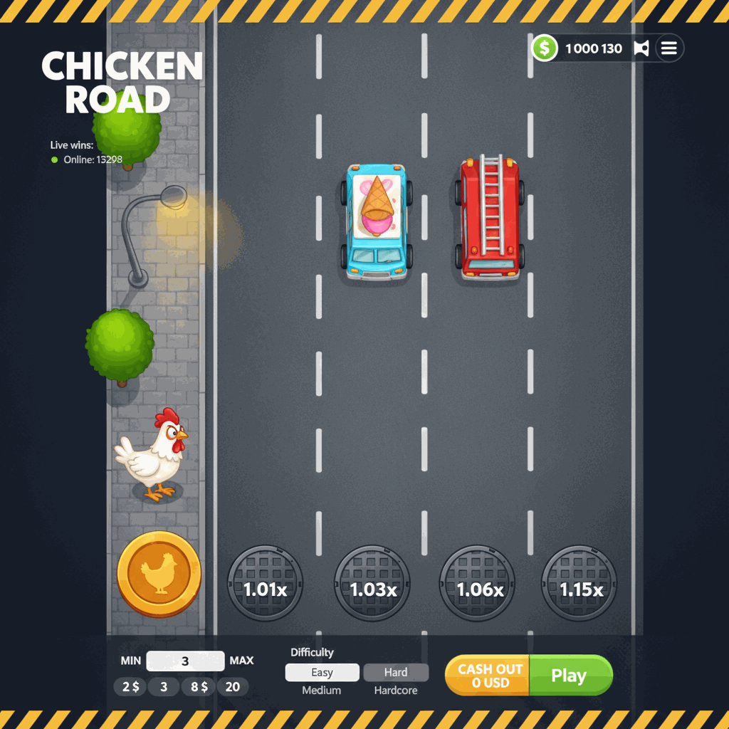 Chicken Road gioco crash di InOut che mostra un pollo bianco che attraversa corsie stradali multiple con moltiplicatori visibili su ogni corsia, auto in movimento e interfaccia di gioco con pulsanti di scommessa e ritiro vincita
